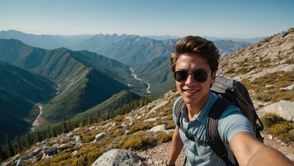 Naklejka premium Young Man Enjoying a Mountain Hike During a Sunny Day in Picturesque Landscape