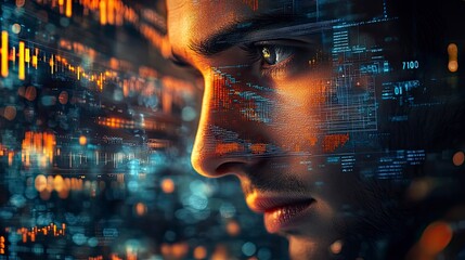 A close up of a mans face with a digital overlay of lines numbers and shapes glowing bright orange and blue with a blurry background of a city at night .