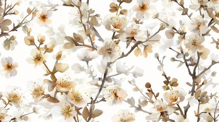 A beautifully arranged pattern showcases delicate white and beige blossoms on intricate branches, creating an elegant and serene aesthetic