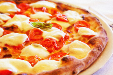 Creative illustration in vintage watercolor design - Pizza Margherita with Mozzarella cheese, basil and tomatoes.
