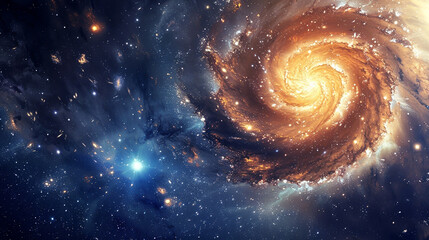 Obraz premium A breathtaking spiral galaxy illuminates the night sky, featuring vibrant hues of orange and blue while stars twinkle against the vastness of space, revealing cosmic beauty