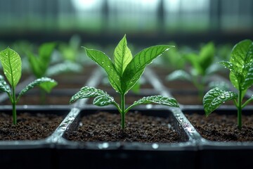 professional illustration young tobacco seedlings are emerging rich soil showcasing vibrant green leaves adorned dew drops soft light early morning.