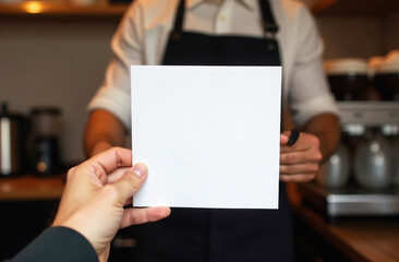 Obraz premium A customer extends a blank piece of paper towards a barista while standing in a warm cafe setting