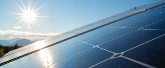 Close-up of solar panels reflecting sunlight with bright flare
