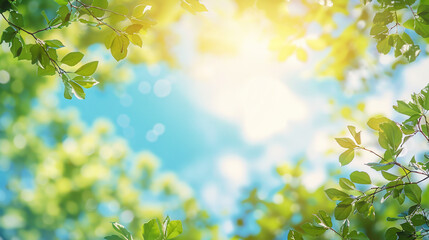 Obraz premium Bright sunlight shines through lush green foliage, creating a peaceful atmosphere in the forest. The clear sky enhances the vibrant colors of the leaves during summer