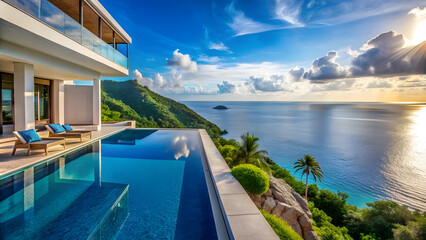 Fototapeta premium Cliffside Ocean-View Villa with Infinity Pool and Blue Sea. Perfect for: Luxury Getaways, Honeymoon, Summer Retreat