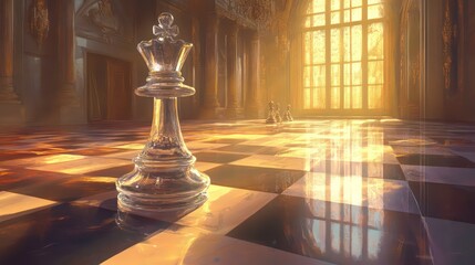 Crystal rook standing on a polished chessboard in a golden sunlit room