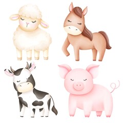 Obraz premium Watercolor Illustration set of Farm animals.Cute pets. Good for packaging paper, cards, wallpapers, gift tags, nursery decor, baby shower, nursery decor, wrapping paper and scrapbooking.