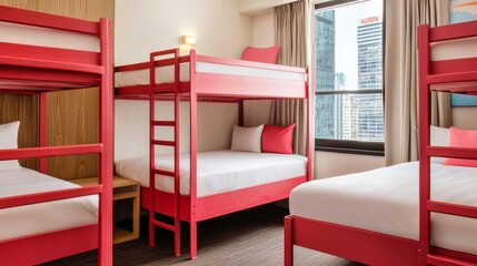 Hostel room with cityscape view urban location interior photography modern environment wide angle budget accommodation concept