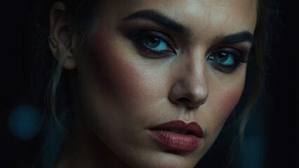 Fototapeta premium A Woman Poses Intensely With Bold Blue Eyeshadow Enhancing Her Features