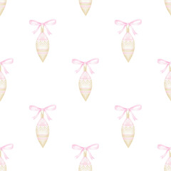 Christmas tree toy icicle. Watercolor seamless pattern on white background in pastel colors. Cute winter illustration for Christmas