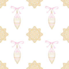 Christmas tree toy, gingerbread star, bow. Watercolor seamless pattern on white background in pastel colors. Cute winter illustration for Christmas