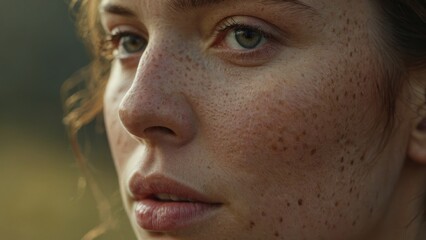 Fototapeta premium Close-up of a Young Woman With Freckles, Looking Thoughtfully Into the Distance During Sunset
