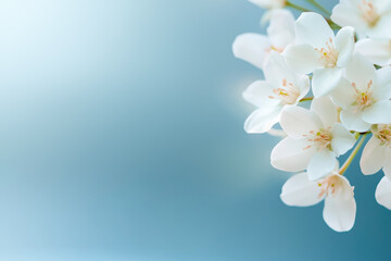 delicate festive blue background with white jasmine flowers with copy space