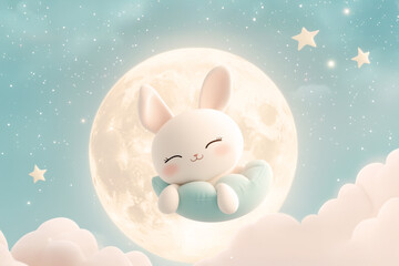 Fototapeta premium fairy-tale baby rabbit on the baby blue sky background with the shining moon, glittering stars, and fluffy clouds in the sky, a cozy, dreamy, and playful atmosphere 