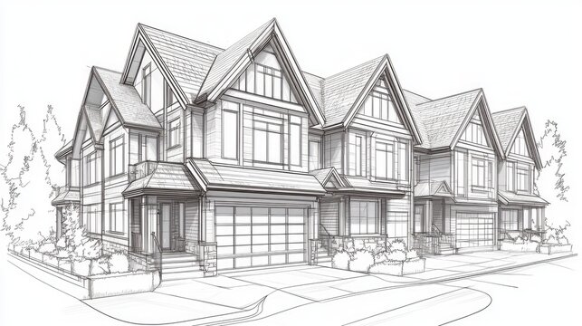 Line art illustration showcasing townhouse architecture in a 3D rendering style