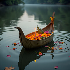 Obraz premium A beautifully decorated boat with flowers and a candle floating on calm waters at dusk, photography of still life concept.