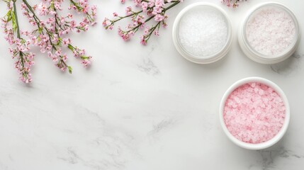 Indulgent luxury cosmetic treatment with floral bath salts spa setting aesthetic photography tranquil environment top-down viewpoint self-care concept