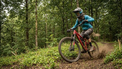 Naklejka premium Mountain biker speeding through lush forest trail with dirt flying