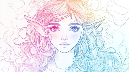 Line art illustration featuring a cool gradient of a charming cartoon elf girl in a whimsical style