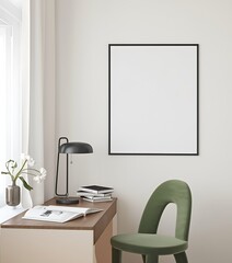 ISO A Paper size Frame Mockup. Living Room Frame Mockup Display. Modern Living Room with Wall Frame Mockup. Stylish Interior with Curved Sofa and Blank Wall Frame Mockup. 3D render