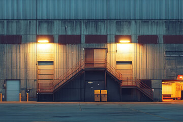 A multi-level warehouse structure at twilight, polaroid photo.