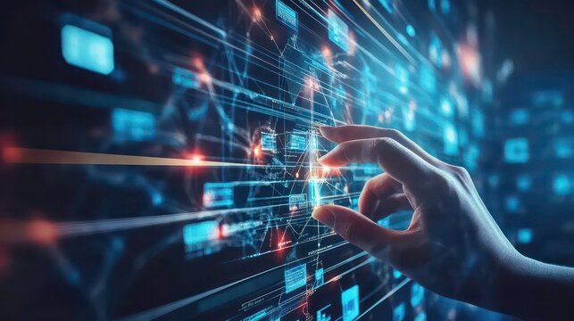 A hand interacts with a futuristic digital interface, highlighting data points and connections.