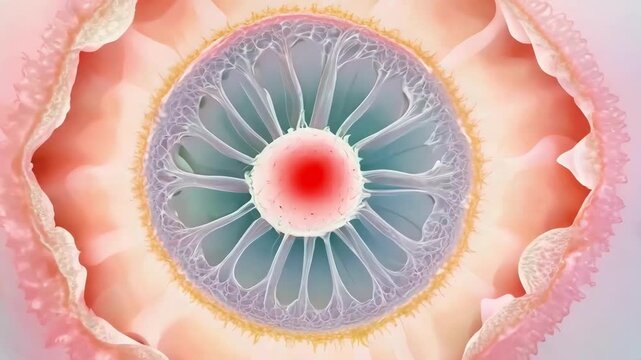 A close up of a flower with a red center. The flower is surrounded by a pink and green circle