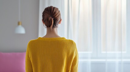 Morning wellness routine emphasizing healthy habits indoor living room lifestyle content bright natural light rear view perspective for mindful living