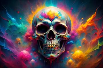A colorful, abstract skull surrounded by vibrant swirls and splashes, blending elements of fantasy and surrealism.