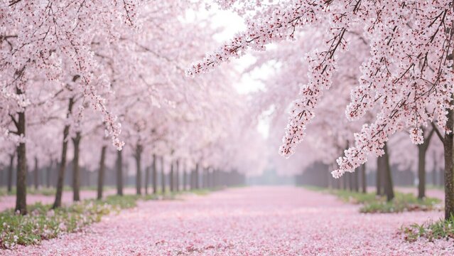 Spring forest with cherry blossoms in full bloom creating a dreamy pink canopy