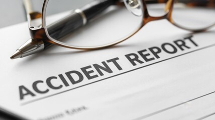 Accident report document with pen and eyeglasses on desk