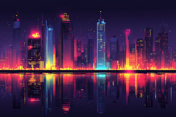 Abstract cityscape, pixel perfect gradients, professional lighting effects, neon colors.