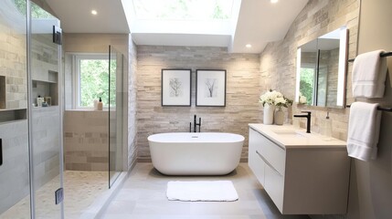 High-end bathroom with skylight, natural stone walls, modern fixtures, soft and serene ambiance