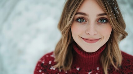 Cheerful young woman smiling winter wonderland portrait photography natural environment close-up view emphasizing beauty and health