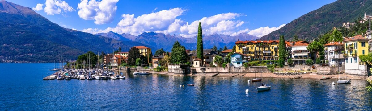 Italy Lake Como Bellano village 18K panorama. Stunning idyllic lake scenery with mountains and authentic costal town. World Print quality landscape, Lago di Como luxury destination in Italy 