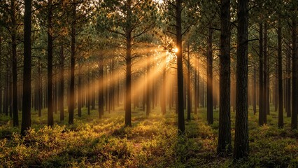 Sunlight filtering through tall pine trees in a dense forest during golden hour