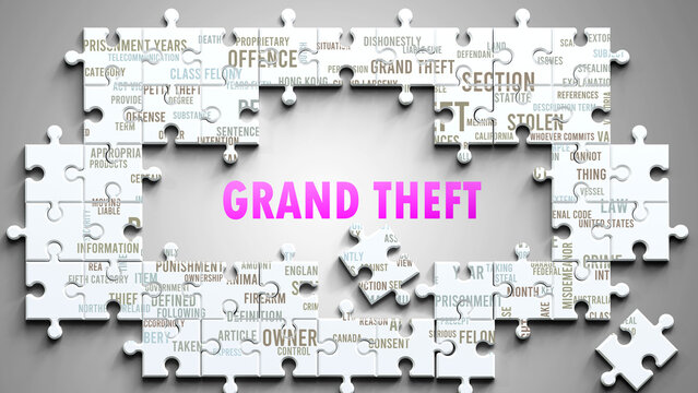 Grand Theft as a complex subject, related to important topics. Pictured as a puzzle and a word cloud made of most important ideas and phrases related to grand theft. ,3d illustration