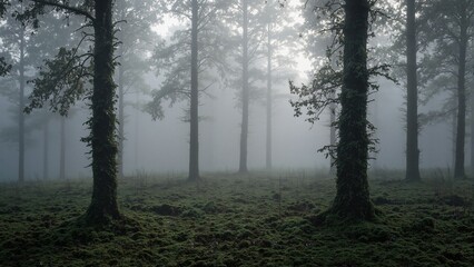 Obraz premium Mystical forest at dawn with fog and moss covered ground