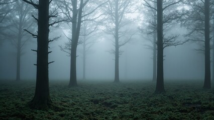 Fototapeta premium Mystical forest at dawn with fog and moss covered ground