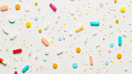 Colorful pills and tablets in various shapes scattered on a white surface creating a vibrant arrangement of pharmaceutical medications