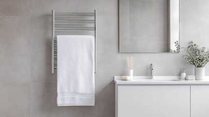 Fototapeta premium Luxurious bathroom with heated towel rack, floating vanity, quartz counters, elegant details