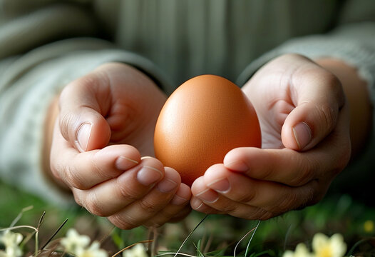 Gentle hands cradling a brown egg amidst vibrant wildflowers on a sunny day