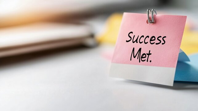 Pink sticky note with success message on white desk, marking achievement of goals and milestones