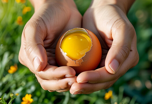 Delicate hands cradling a freshly cracked egg with vibrant yolk in a sunny garden