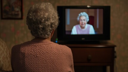 Older adult engaging in online video call home environment emotional connection evening setting intimate perspective for digital communication