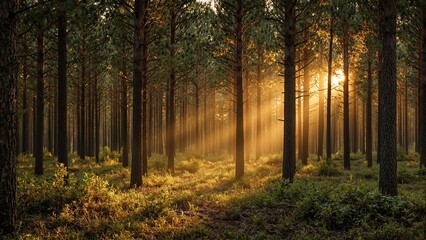 Obraz premium Sunlight filtering through tall pine trees in a dense forest during golden hour