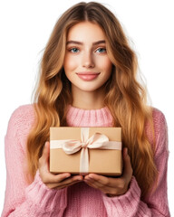 A woman is holding a brown box with a ribbon on it. png transparent background