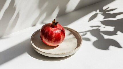 Minimalist setup with a single pomegranate on a ceramic dish, isolated on a white background, casting soft shadows