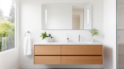Fototapeta premium Minimalist bathroom with large mirror, sleek fixtures, floating vanity, contemporary and bright design